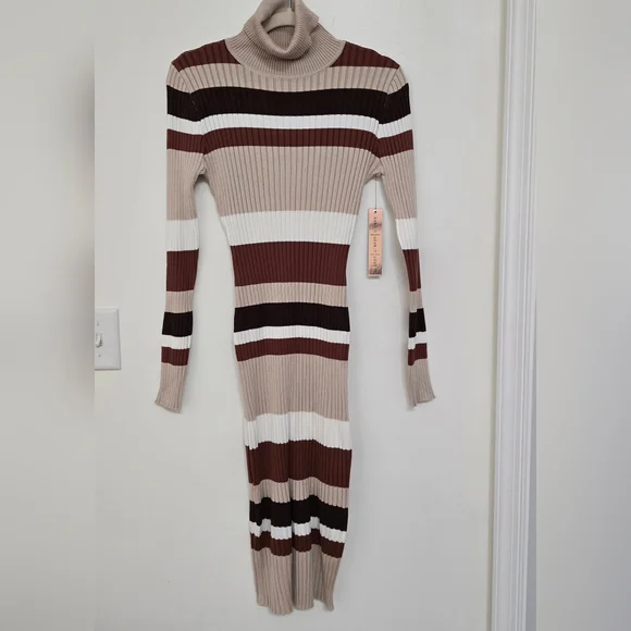 Neutral Tone Striped Ribbed Turtleneck Bodycon Dress Size M - Picture 2 of 11